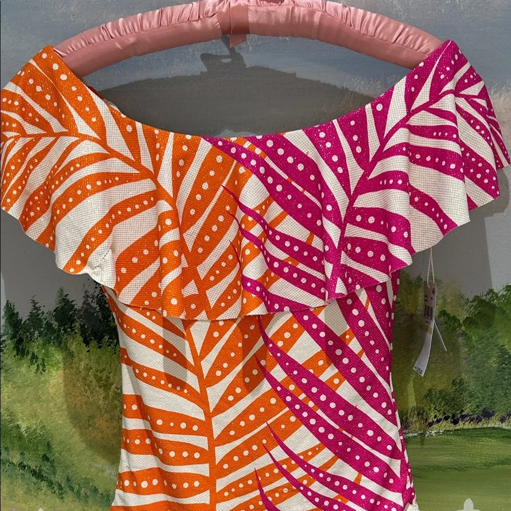 NWT🧡TRINA TURK🩷Tropics Off The Shoulder One Piece Swimsuit- Pink & Orange Ruffle